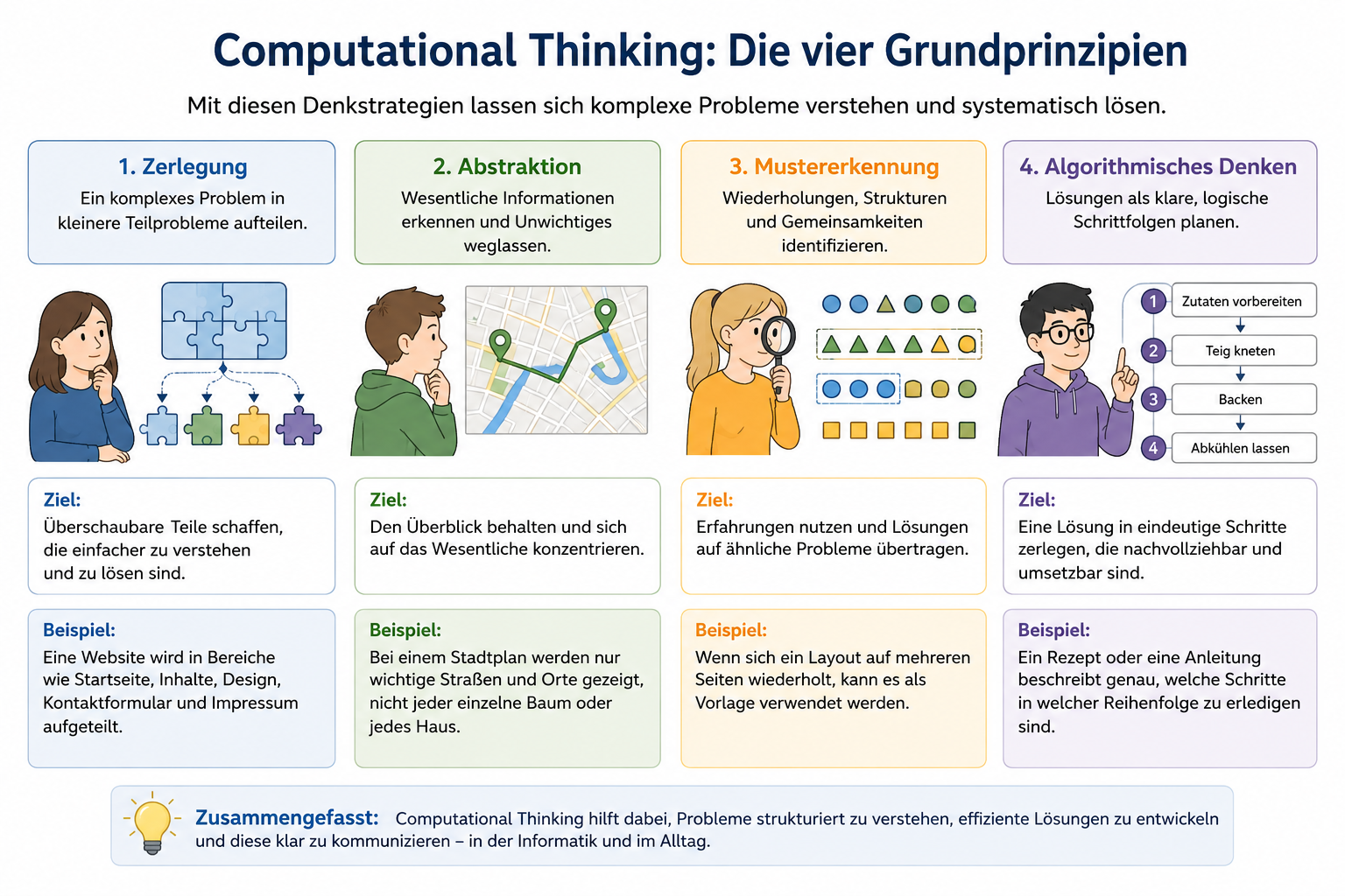 Infografik zu den vier Grundprinzipien des Computational Thinking: Zerlegung, Abstraktion, Mustererkennung und algorithmisches Denken.