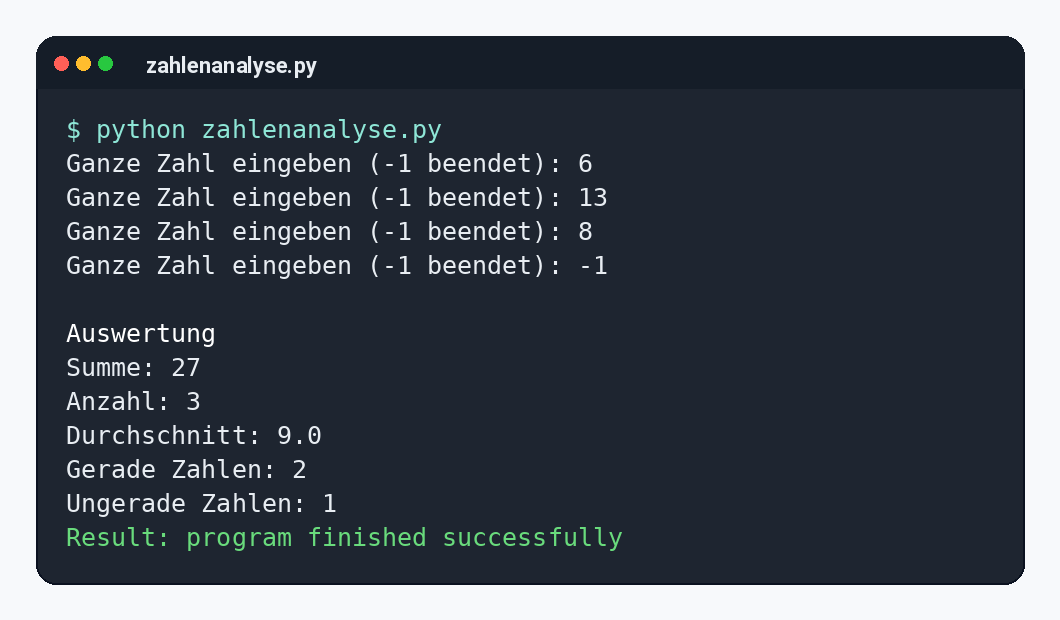 AusfĂŒhrliche Konsolenausgabe eines Python-Programms zur Auswertung mehrerer Zahlen.